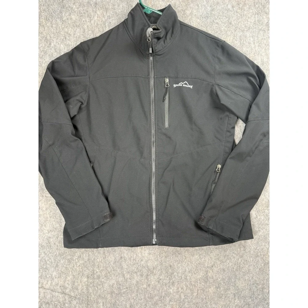 Eddie Bauer Men's Black Softshell Jacket L,‎ Full Zip, Stand-Up Collar, Logo